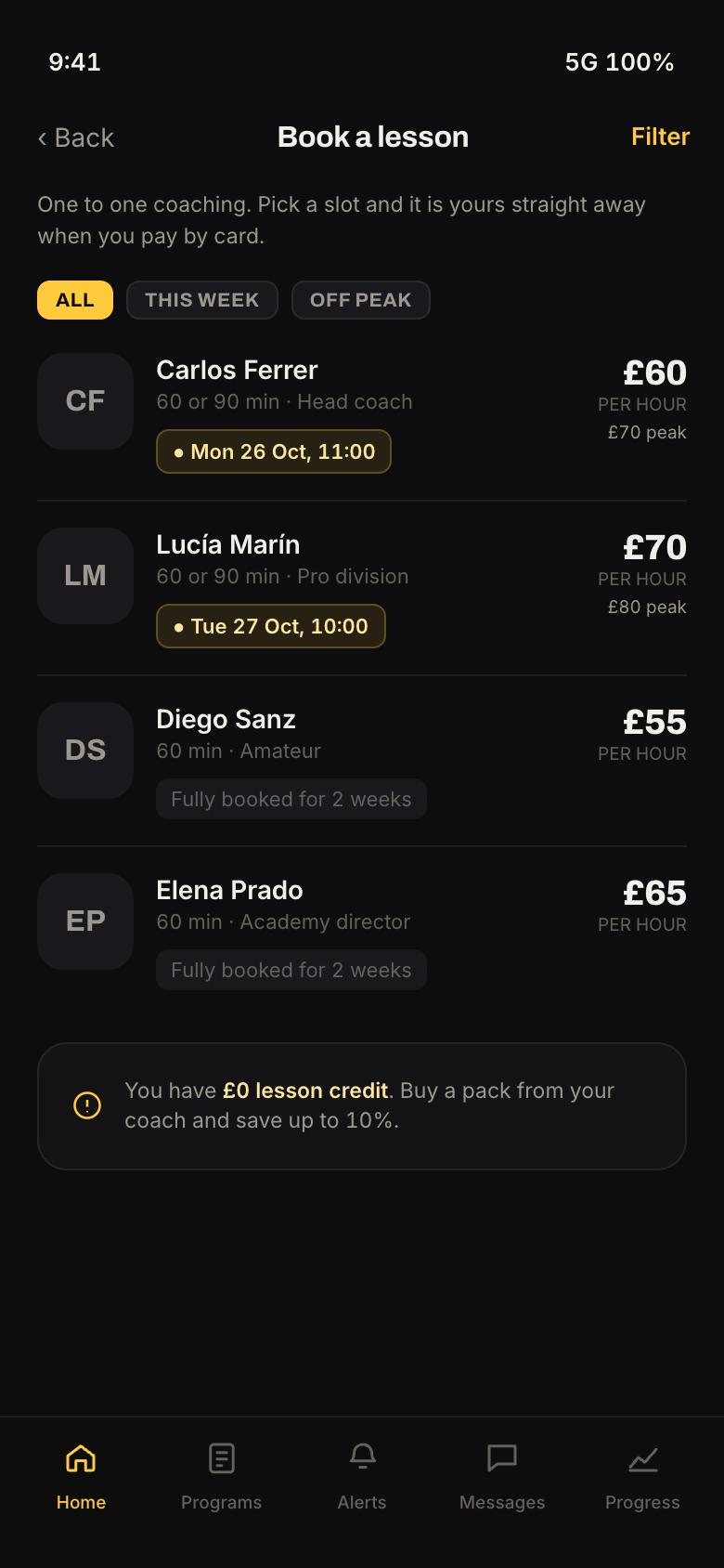 Booking a lesson, showing coaches with prices and next free slots