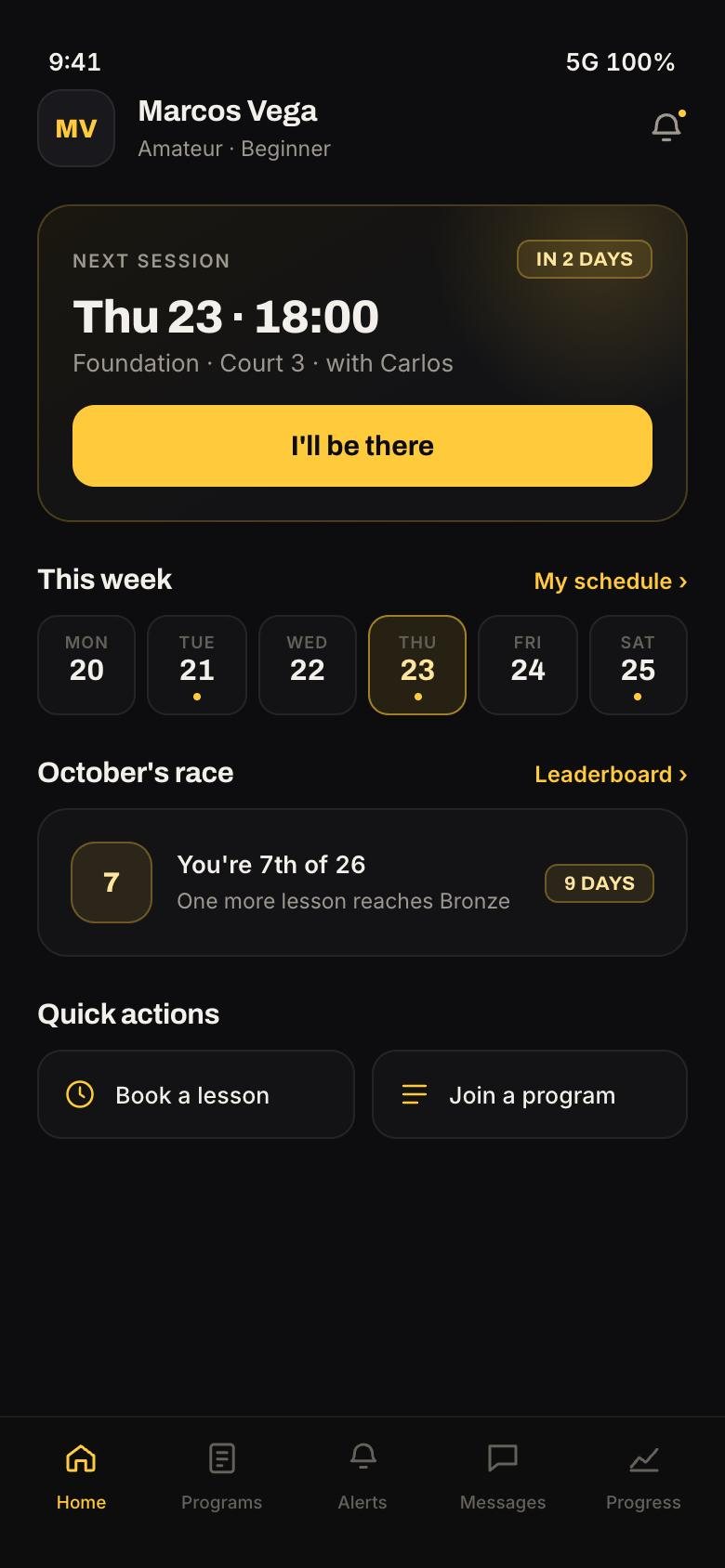 Home screen showing the next session, the week ahead and the monthly race